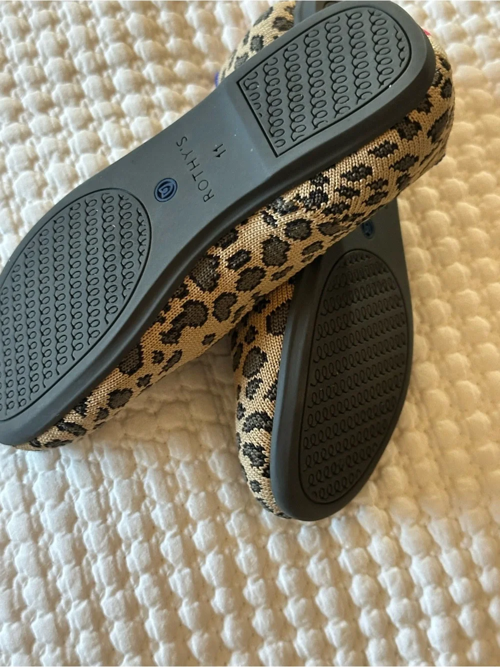 Rothy's Leopard Print Kids Ballet Flats with Blue Trim